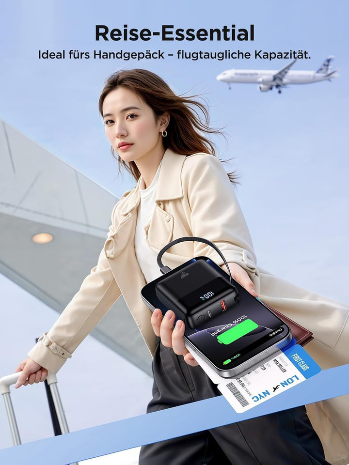 Aioneus Mini PowerBank, 10000mAh Power Bank mit Integriertem USB-C & Lightning Kabel, Minigrösse Ext