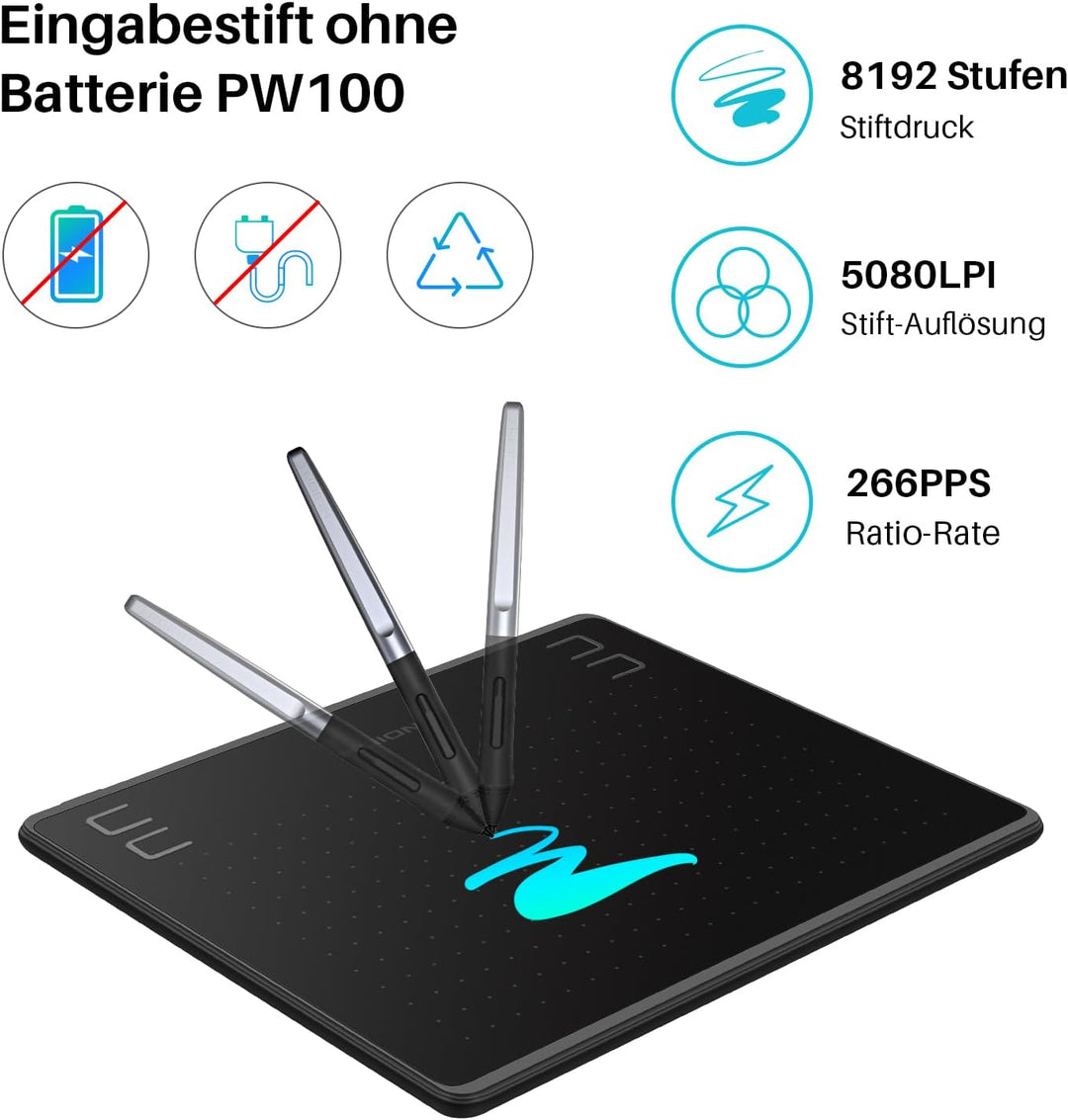 HUION-Grafik-Zeichentablett HS64 8192 ist EIN druckfähiges, batteriefreies Stifttablett 6 &