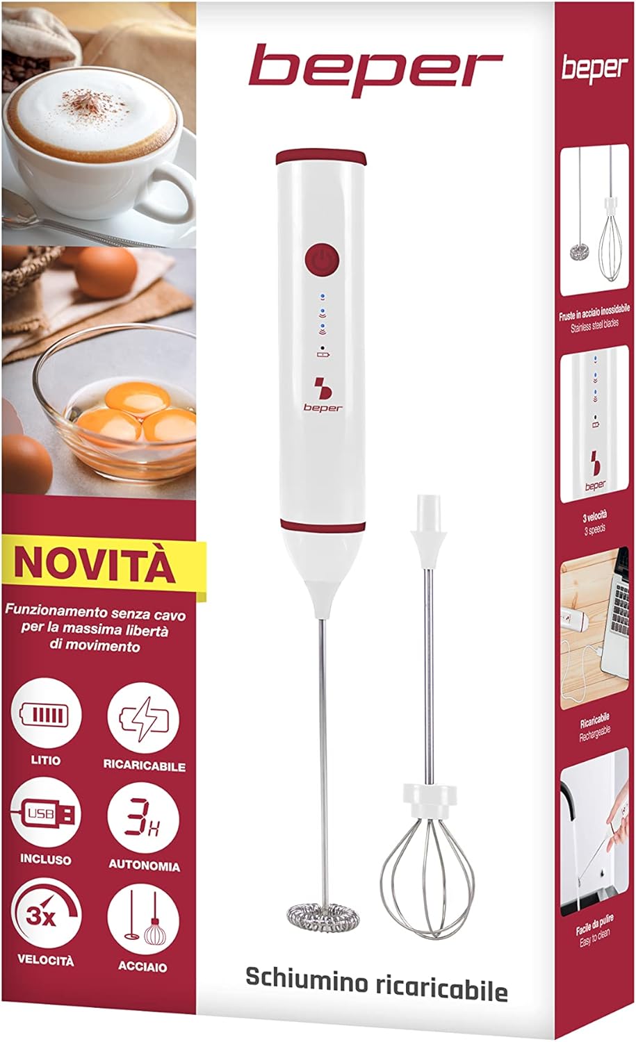 BEPER P102SBA008 Milchaufschäumer USB Cappuccino maker - Milchaufschäumer Stab mit Schneebesen