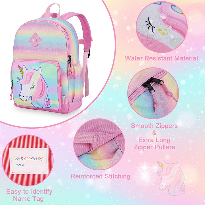 VASCHY Mädchen Schulrucksack 4-6 Jahre Schulrucksack mit Seitentaschen und Brustgurt 127-einhorn, 12