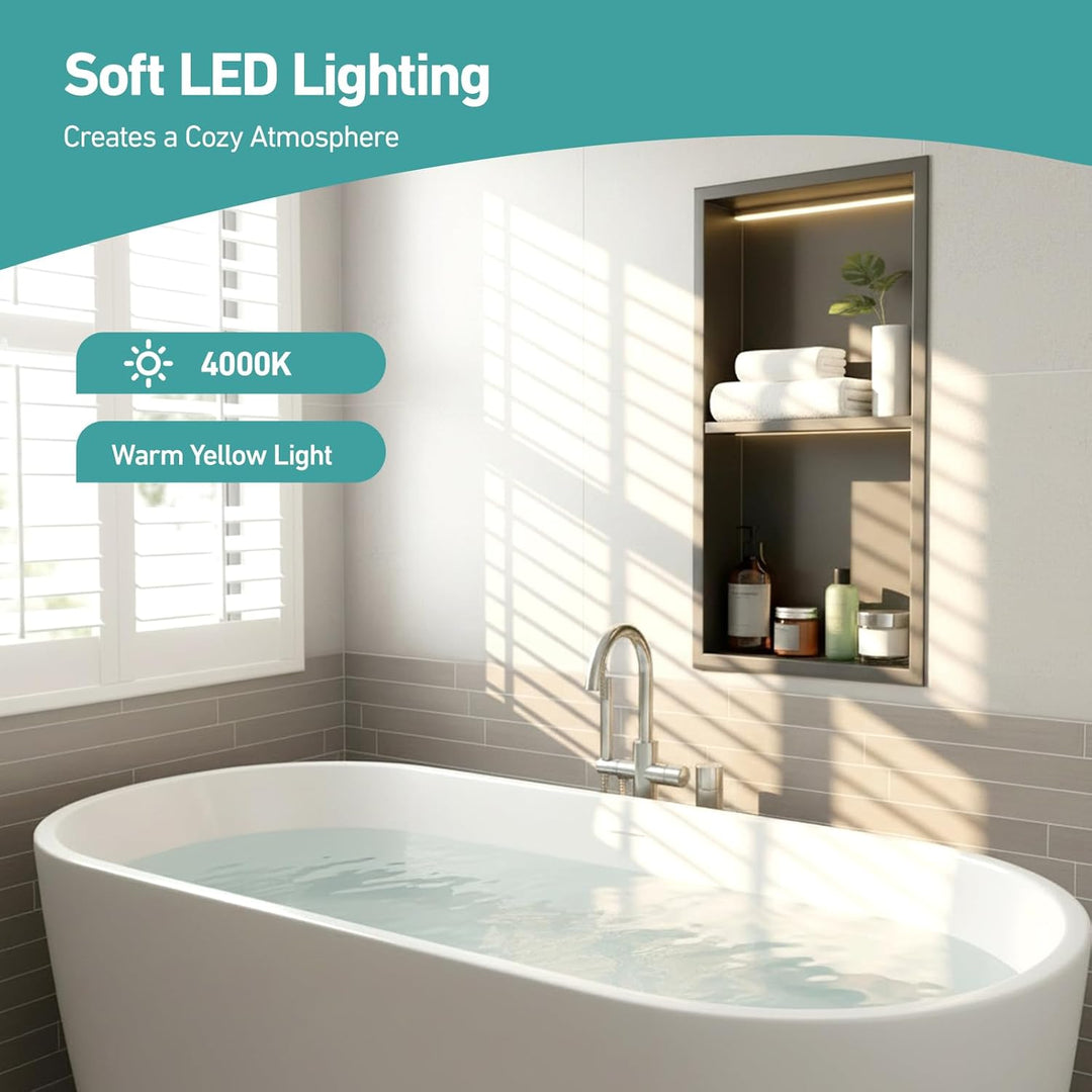 Zyncove Wandnische Dusche mit LED-Beleuchtung (4000K Warmweiss), 304 Edelstahl Duschnische mit Ablag