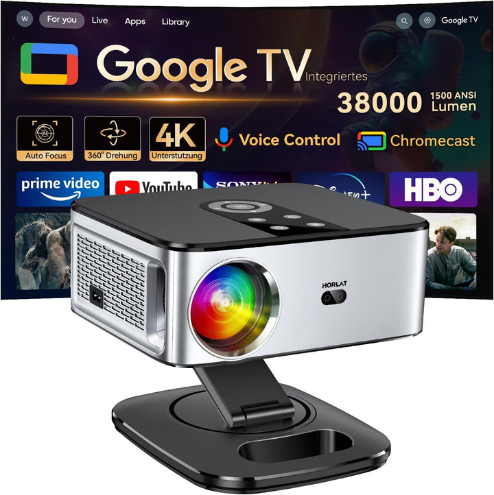 Beamer【1500 ANSI & Google TV】 HORLAT Beamer 4K Heimkino, Full HD 1080P WiFi6 Bluetooth, Autofokus/Tr