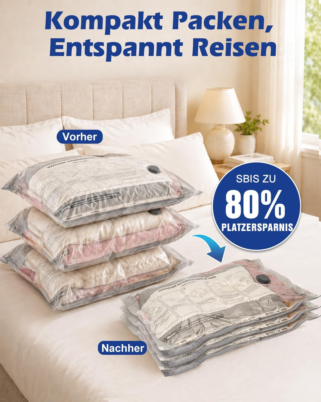 Fantictas Vakuumbeutel für Kleidung 12 Stück mit Kabelloser Vakuumpumpe, 3 Grössen (4x40×50cm, 4x40×