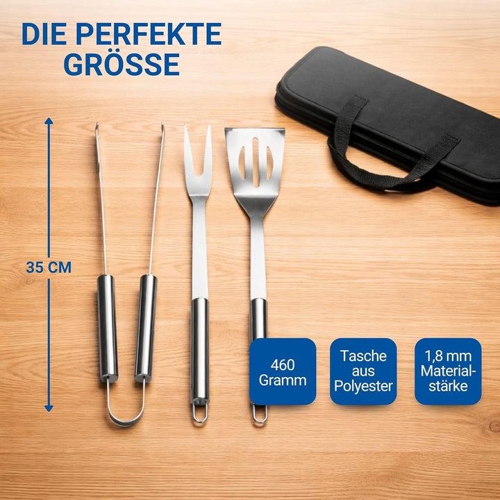 3er Grillset mit Tragetasche - Edelstahl Grillbesteck mit Grillzange, Grillgabel und Wender - Gesche