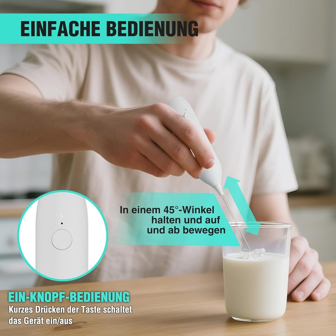 HAUSHOF Milchaufschäumer Stab, Wiederaufladbarer Hand-Milchschäumer, mit Schneebesen aus Edelstahl,