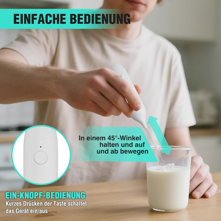 HAUSHOF Milchaufschäumer Stab, Wiederaufladbarer Hand-Milchschäumer, mit Schneebesen aus Edelstahl,