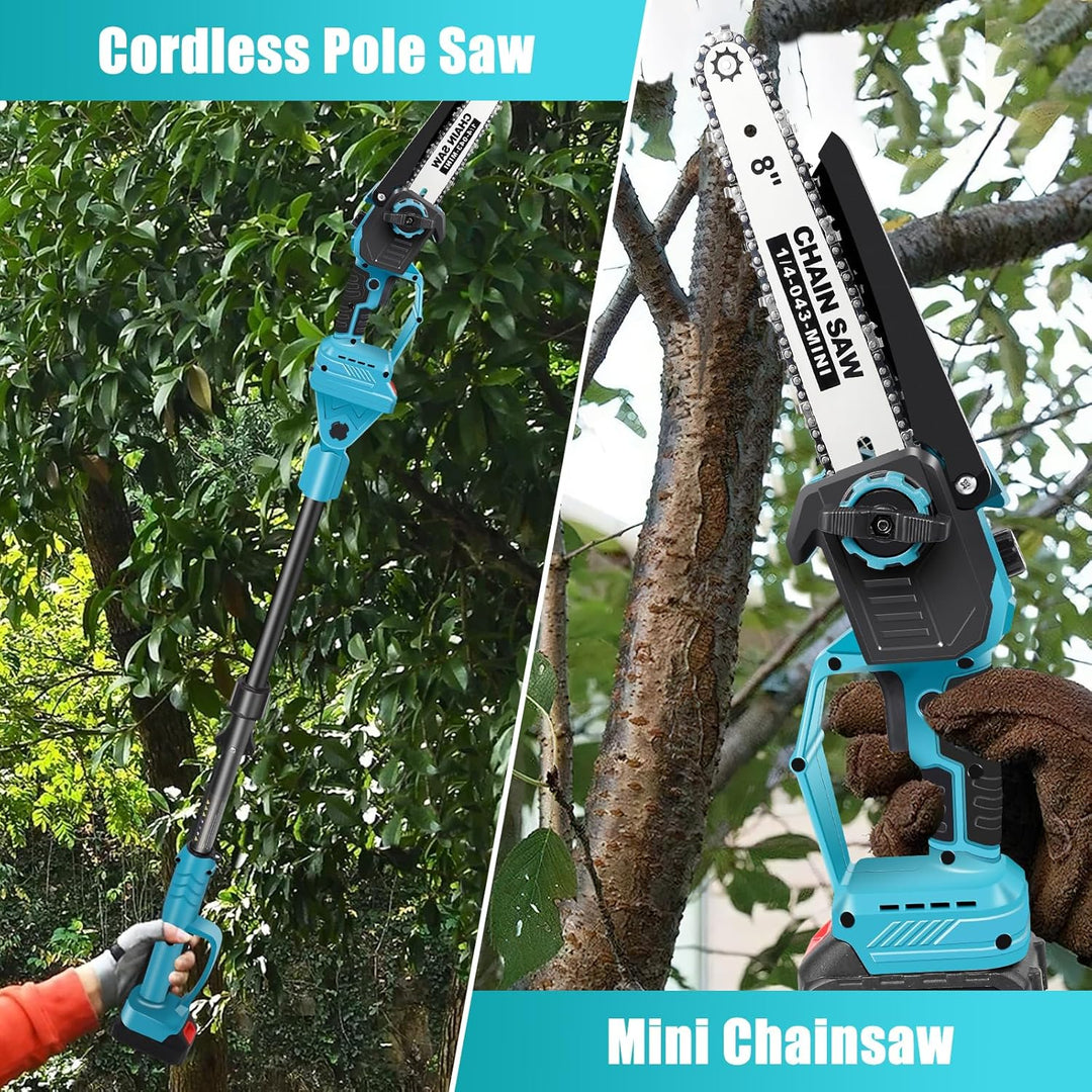 2-in-1 Akku-Hochentaster & 8 Zoll Mini-Kettensäge mit 2 x 6000mAh Akku und Ladegerät, Bürstenloser M