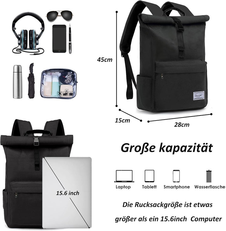 TANTOMI Rucksack Damen Herren, Rucksack Laptop Tasche 15,6 Zoll, Laptop Rucksack Damen Herren weit ö