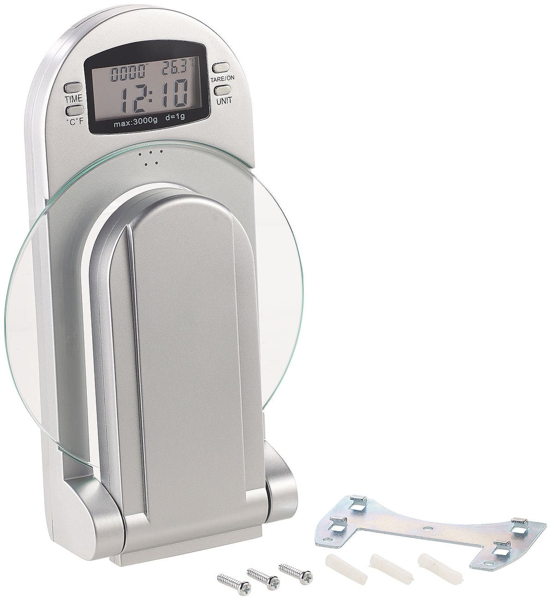 Rosenstein & Söhne Wandwaage: Digitale Küchenwaage zur Wandmontage, klappbar, Timer, 3 kg Tragkraft