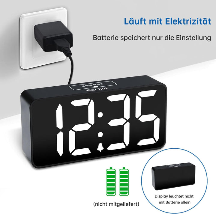 Eachui LED Wecker Digital mit USB-Ladeanschluss, Grosse Ziffern Display, Helligkeit und Lautstärke R