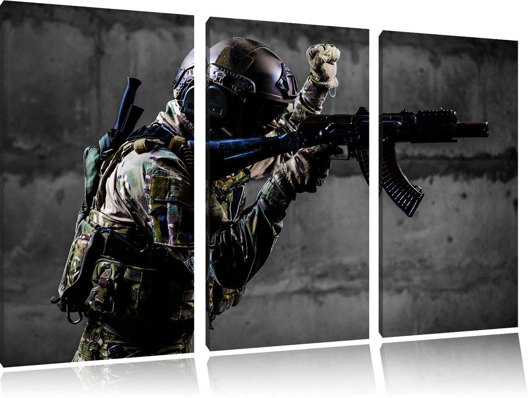 Pixxprint Soldat mit Uniform im Einsatz als Leinwandbild | Grösse: 3 Teilig (120x80) | Wandbild| Kun