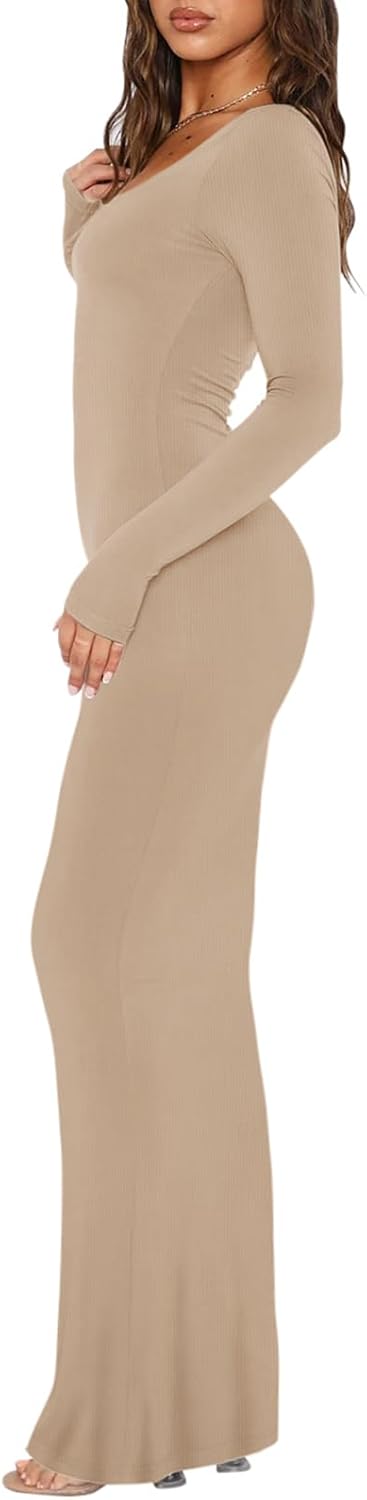 REORIA Damen Sexy U-Ausschnitt Langarm Lounge Langes Kleid Gerippte figurbetonte Maxikleider XS Khak