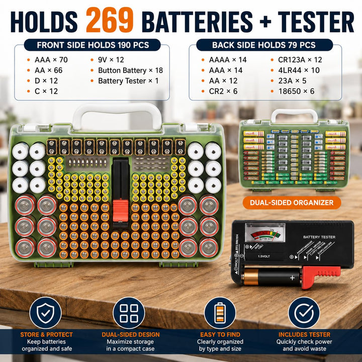 Batterie-Organizer, Aufbewahrungskoffer mit doppelseitiger Garagenbox mit Tester, Batteriebehälter f