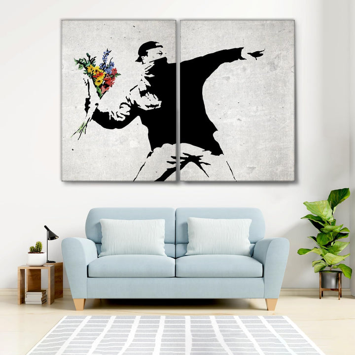 Giallobus - Grosse Gemälde im XXL-Format - Banksy - Street Art - Blumenwerfer - Leinwand - 204x140cm