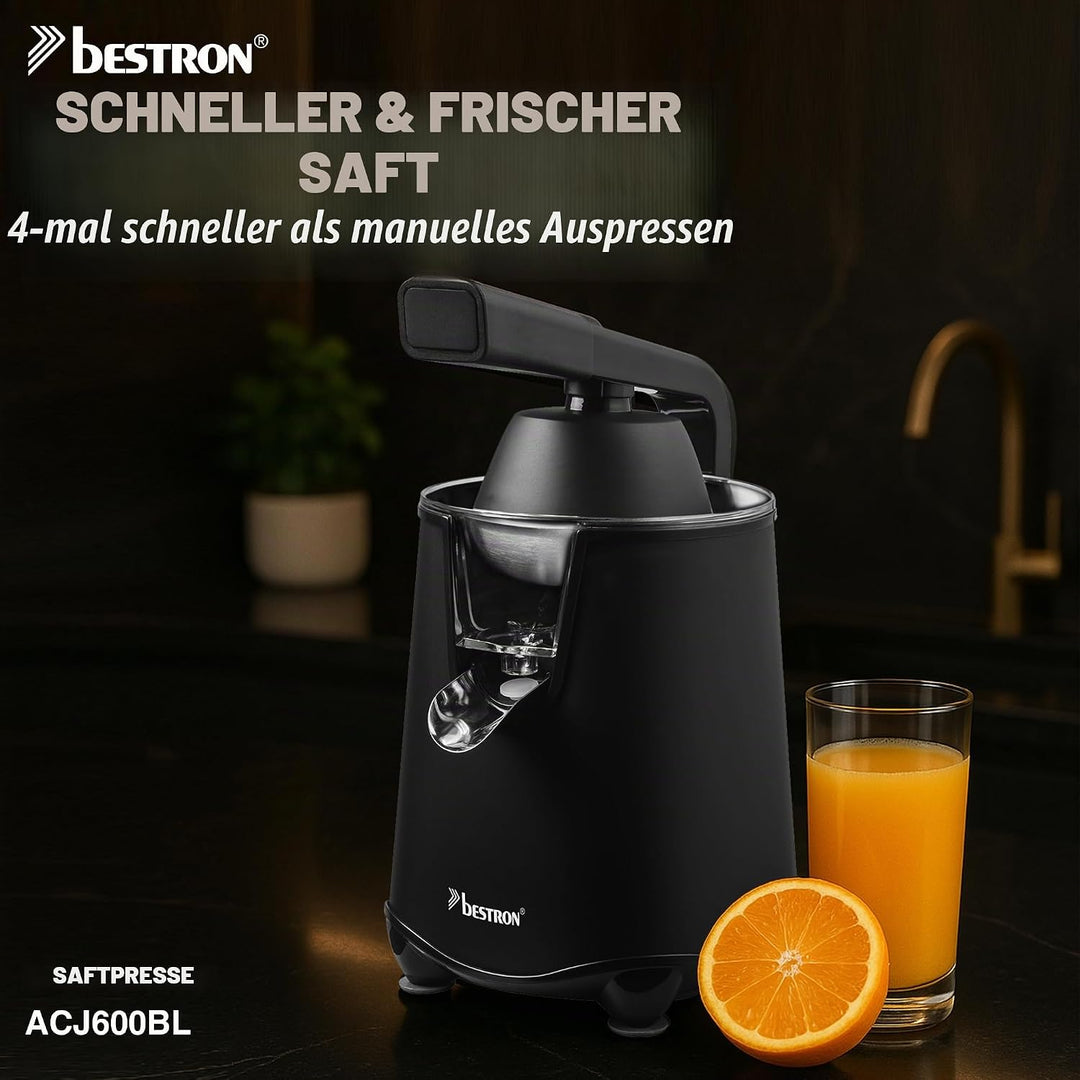 Bestron elektrische Saftpresse, Orangenpresse mit Auslauf-Stopp Funktion &amp; edelstahl Fruchtfleischsi