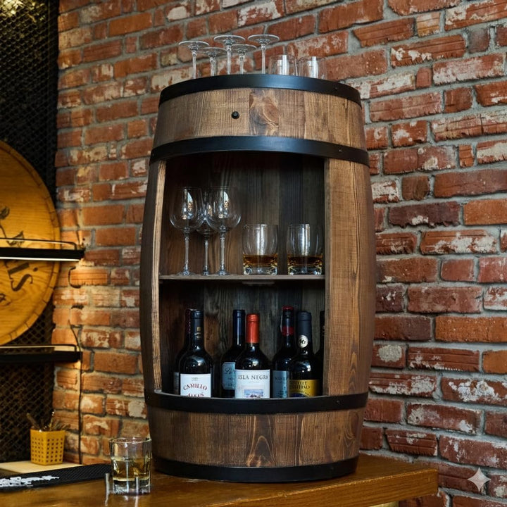 CREATIVE COOPER Holzfass Hausbar mit LED-Leuchten - Weinschrank im Retro Stil - Weinfass Bar - Weinr
