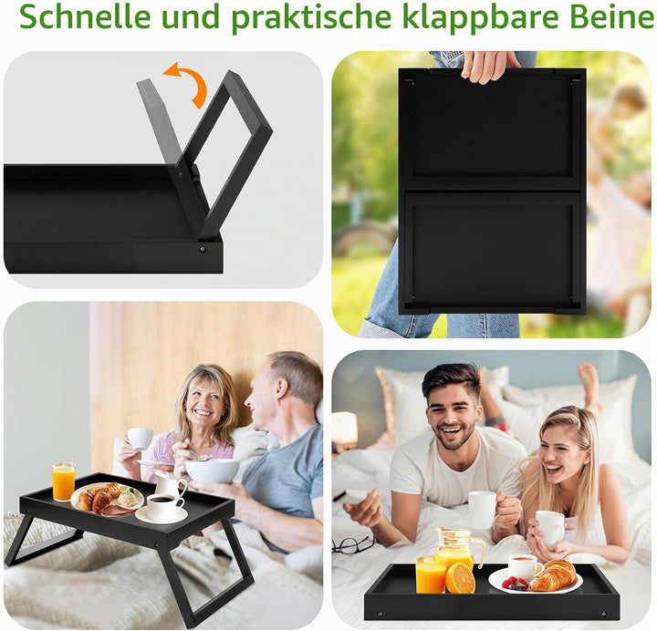 Bambus-Bettlade mit klappbaren Beinen, Frühstückslade (schwarz) | Laptop-Schreibtisch mit Klappbeine