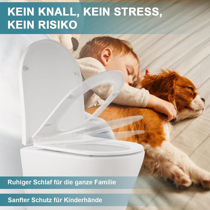 MEEJEE Toilettendeckel Lange D Form 460x365 mm, WC Sitz mit Absenkautomatik, Soft Close Klobrille, W