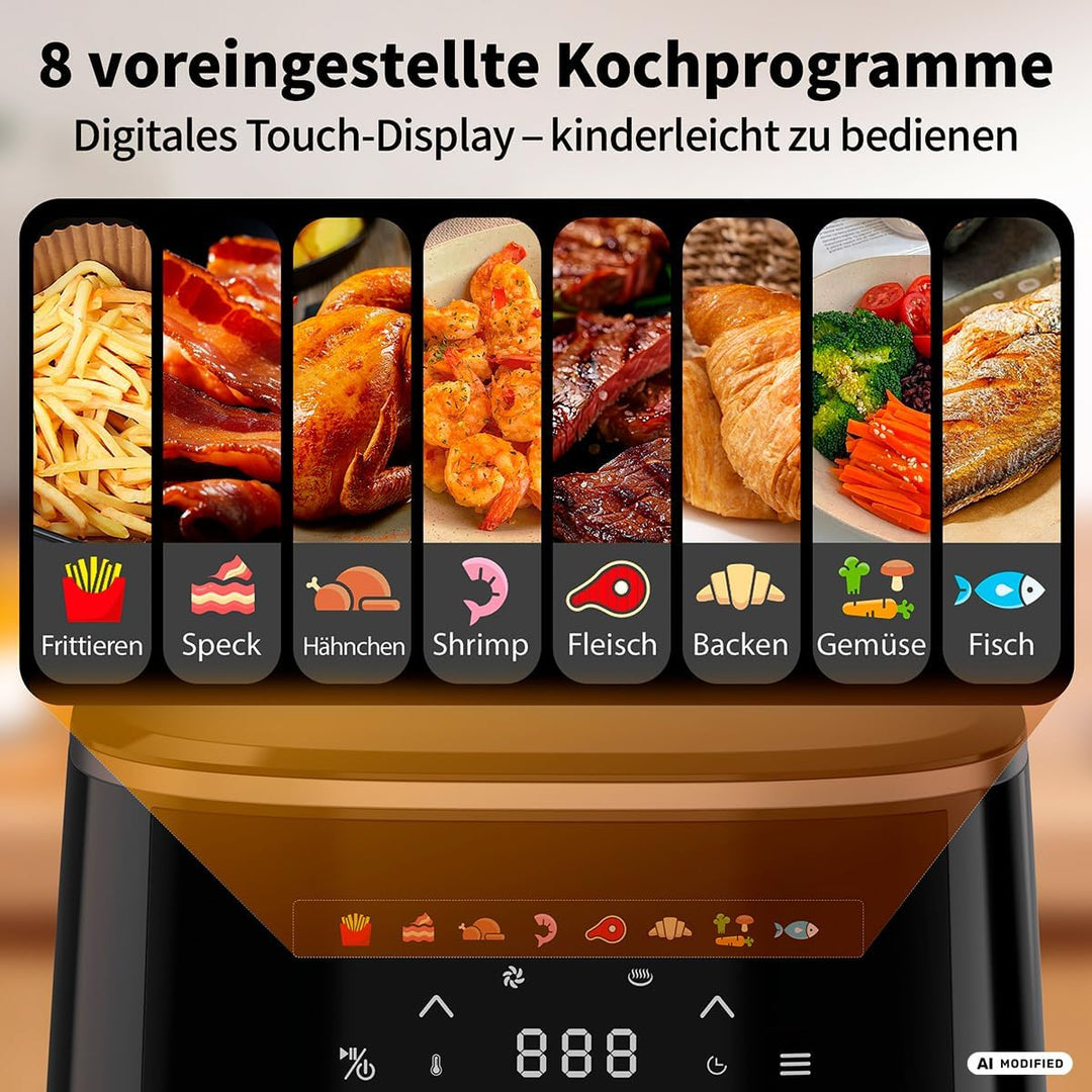 aeco COMPACT AirFryer 4,3 Liter, Heissluftfritteuse mit digitalem Touch-Display, 1500 Watt, 80°-200°