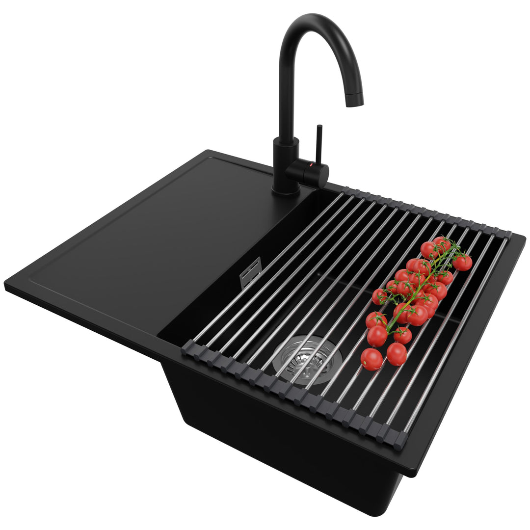 PRIMAGRAN Granitspüle Schwarz 62x50cm, Spülbecken 1 Becken + Küchenarmatur 32x20cm + Zuberhor-Set, K
