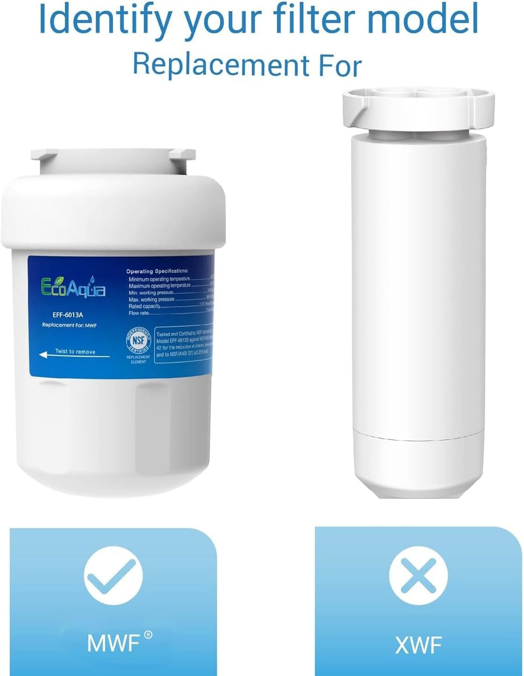 EcoAqua EFF-6013A Kühlschrankwasserfilter Kompatibel mit GE SmartWater MWF, MWFA, MWFA, MWFAP, MWFDS