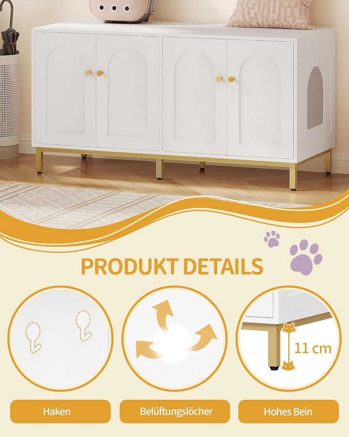 Hzuaneri Katzenschrank für 2 Katzen, 119cm Versteckte Katzentoilettenmöbel, Hölzernes Haustierhaus,