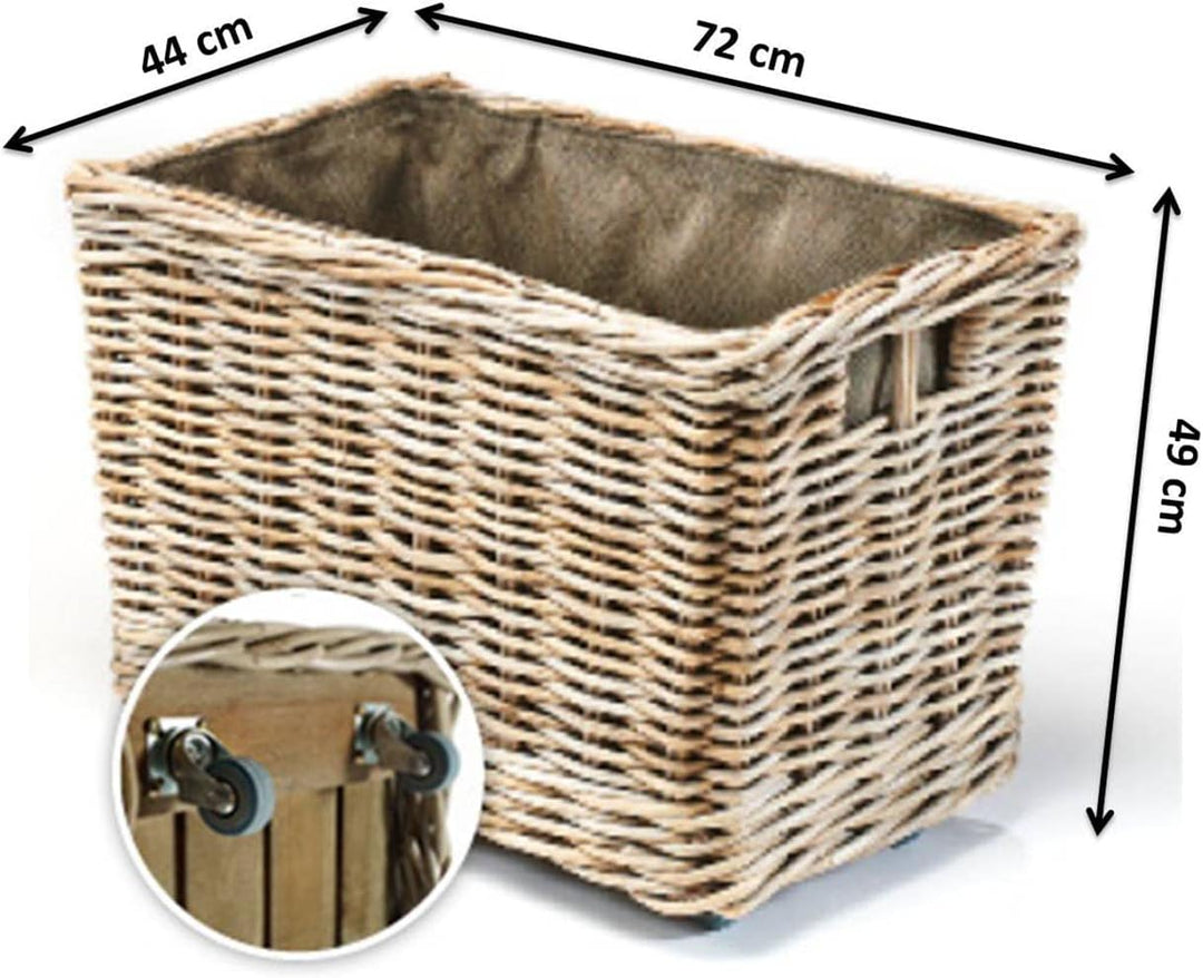 Kobolo Kaminholzwagen für Kaminholz mit Rollen Rattan - Innenfutter aus dunklem Stoff