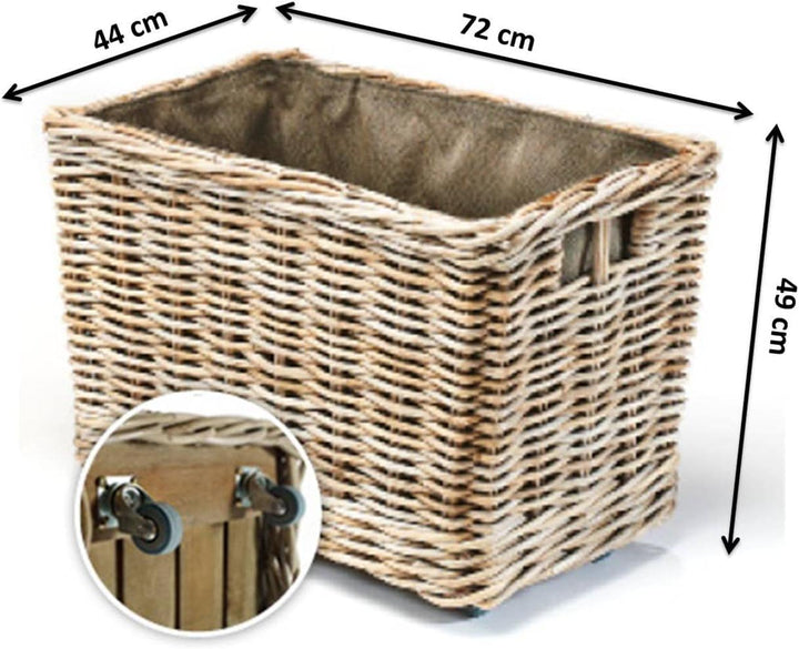 Kobolo Kaminholzwagen für Kaminholz mit Rollen Rattan - Innenfutter aus dunklem Stoff