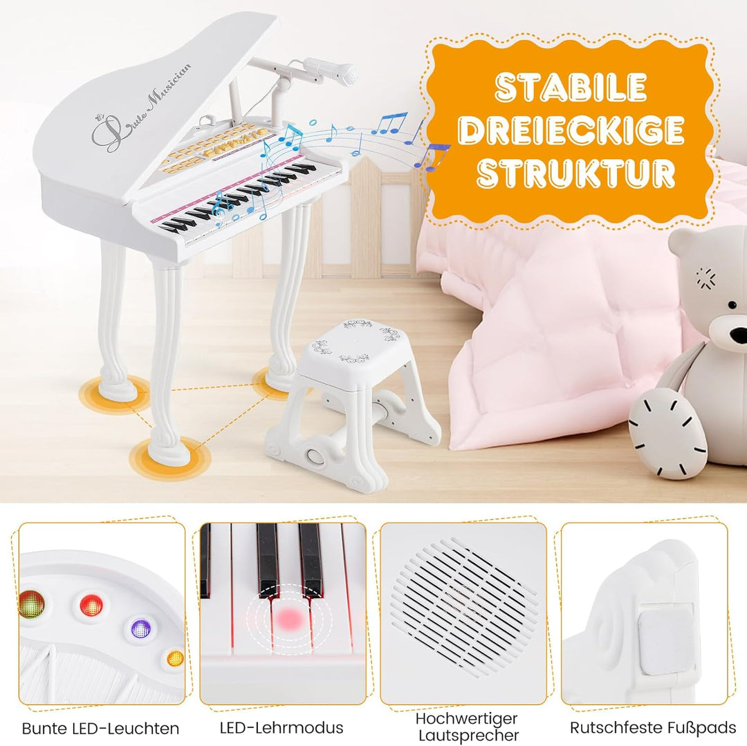 COSTWAY Kinder Keyboard mit 37 Tasten & Hocker, elektronische Klaviertastatur tragbar mit Mikrofon,