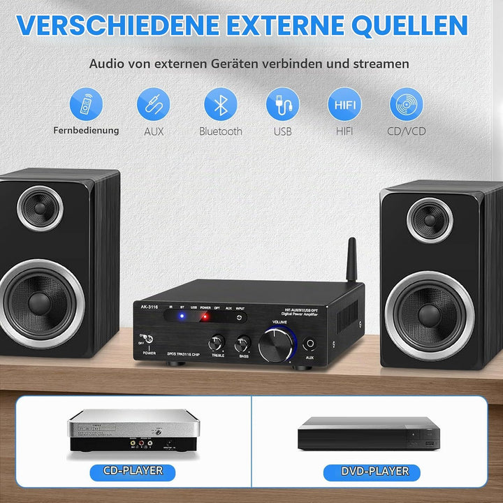 HiFi-Verstärker mit Bluetooth 5.3, AK-3116 Mini Stereo Audioverstärker 2.0-Kanal 100W x 2 Empfänger