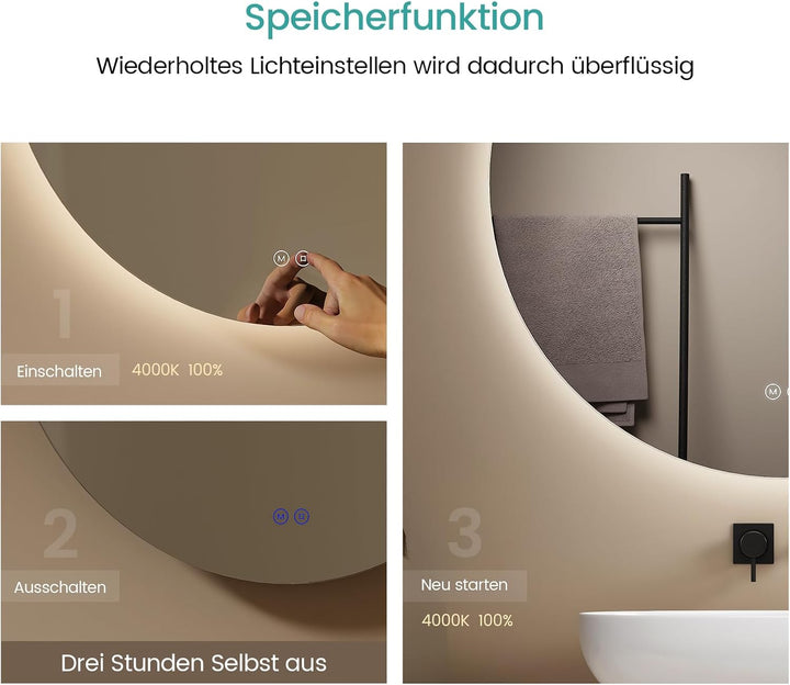 EMKE Runder LED Badspiegel mit Beleuchtung – Badezimmerspiegel 80 cm, 3 Lichtfarben (Warmweiss/Neutr