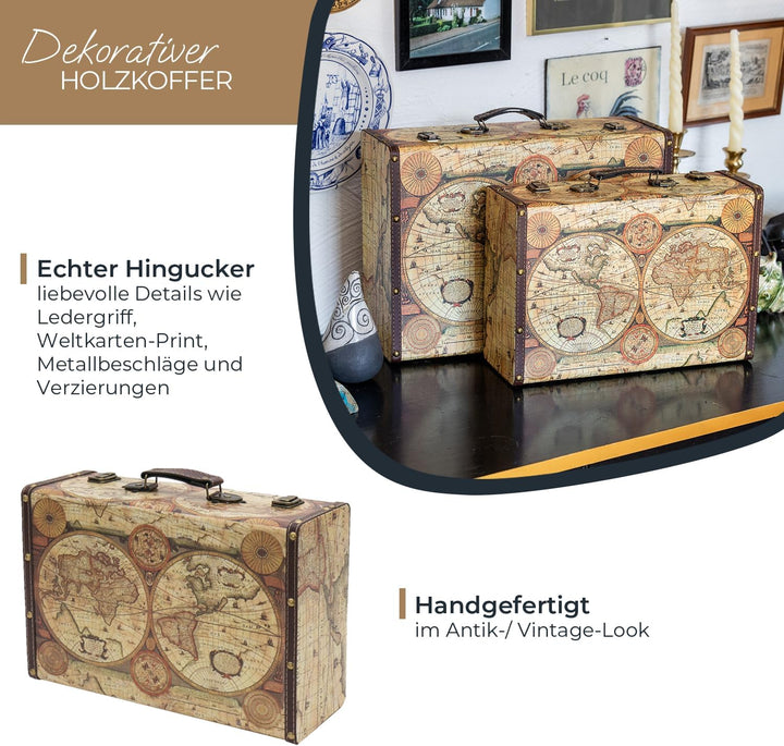 HMF Vintage Deko Koffer aus Holz, Aufbewahrungsbox mit Deckel und Ledergriff, stilvolle Aufbewahrung