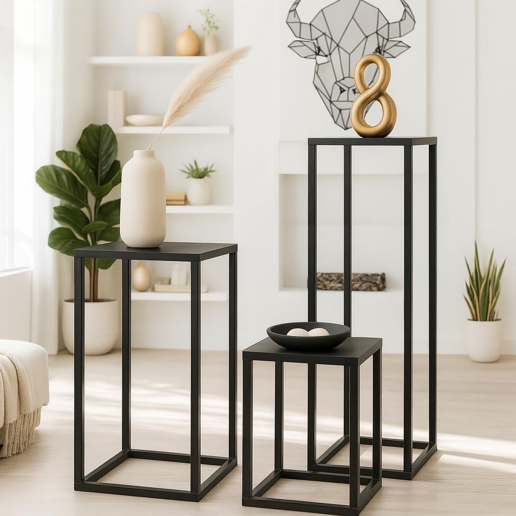 3er Set Pflanzenständer Blumenständer Metall schwarz, Blumensäule Dekoständer Regal Beistelltisch 3