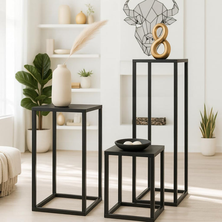 3er Set Pflanzenständer Blumenständer Metall schwarz, Blumensäule Dekoständer Regal Beistelltisch 3