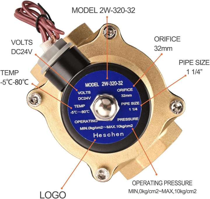 Heschen Messing Elektrisches Magnetventil, 2W-320-32, PT 1-1/4'', DC24V, Direktwirkung Wasser Luft,