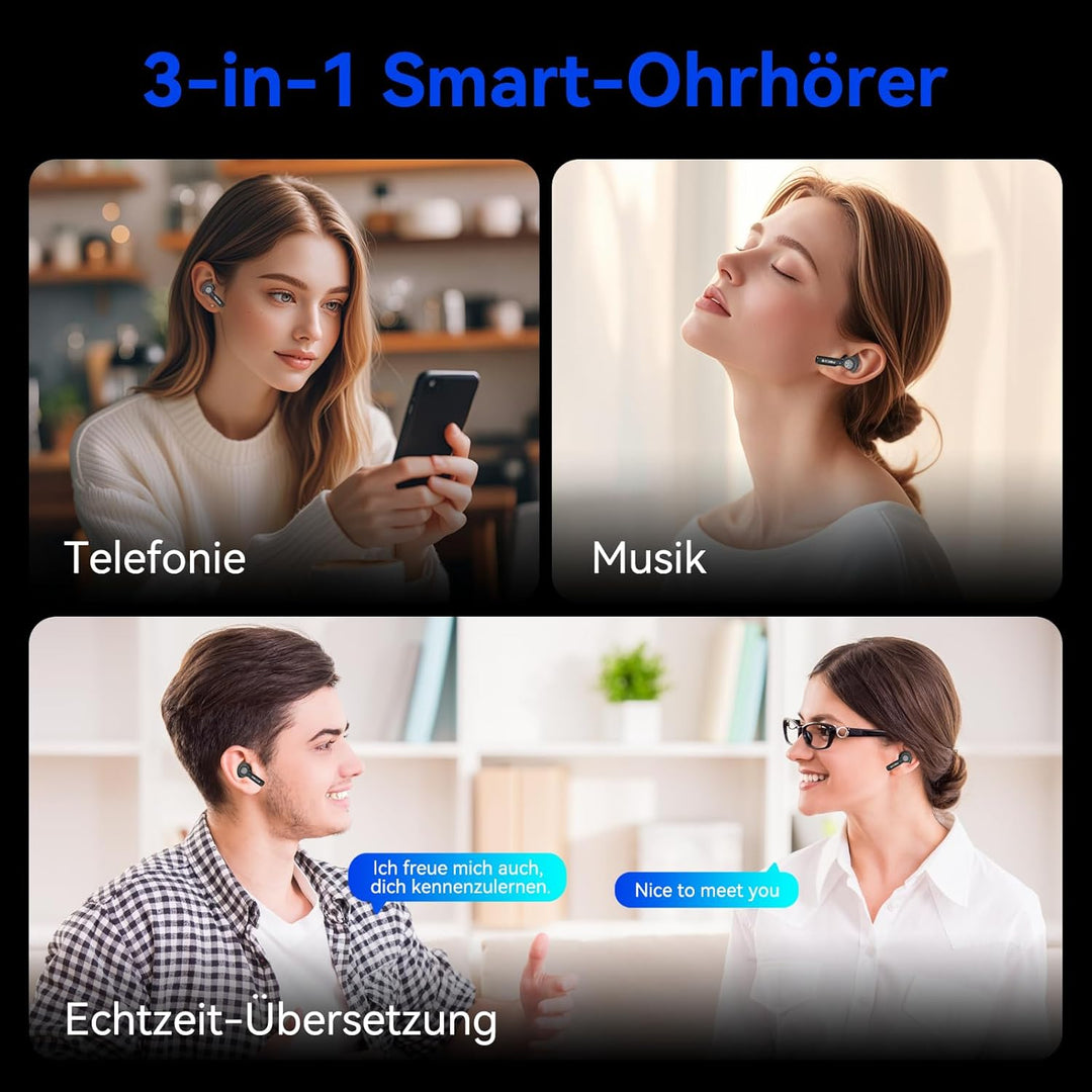 SKARA AI Sprachübersetzer Kopfhörer 3-in-1, Echtzeit Übersetzer Ohrhörer mit ENC Mikrofon & App, 146