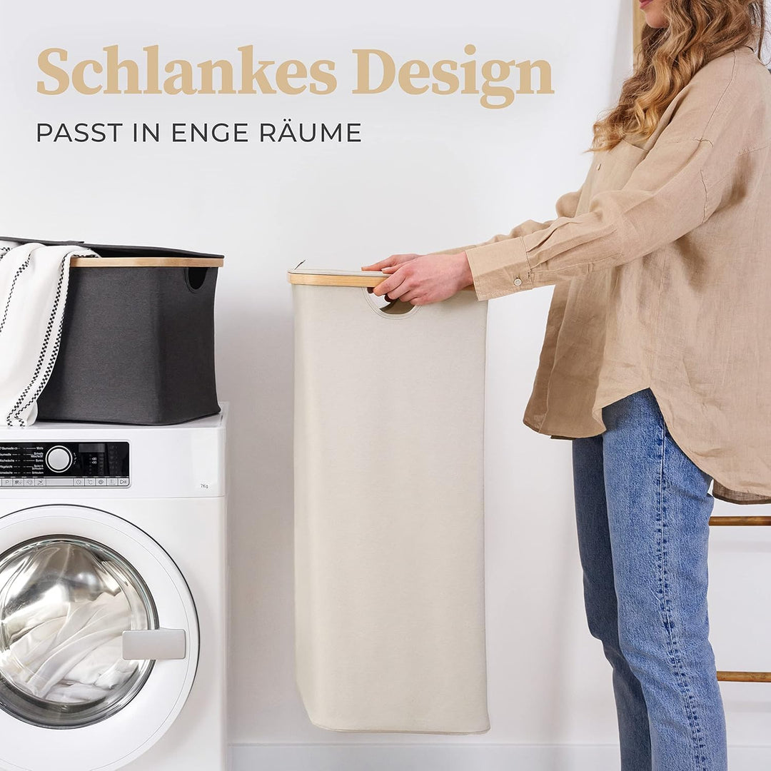 HENNEZ 100L Wäschekorb mit Deckel Beige - herausnehmbaren Wäschesack Wäschesammler schmal mit Deckel