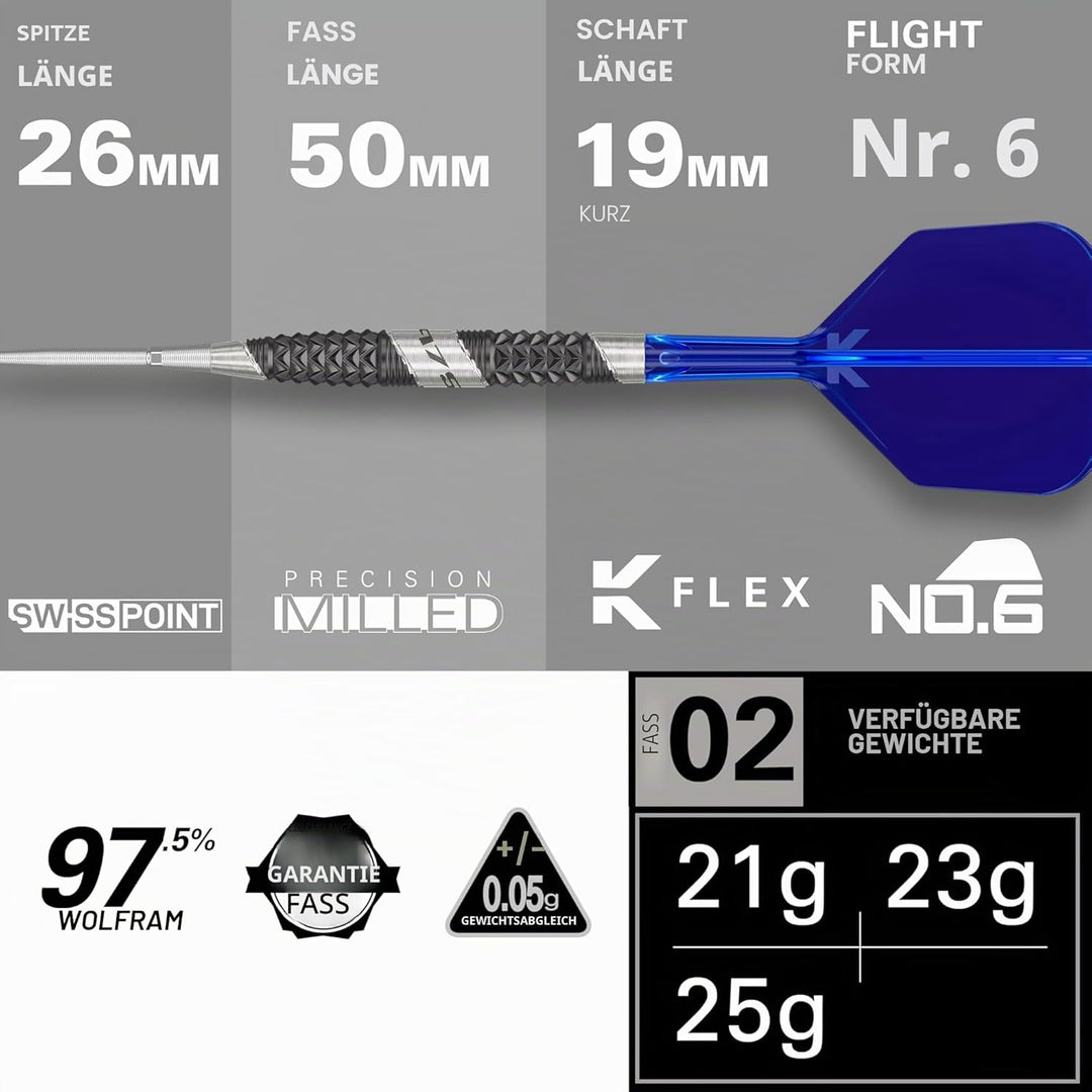 Target Darts 975 Ultra Marine 97.5% Wolfram Swiss Point Stahlspitze Dart Satz with K-Flex 25 g Barre