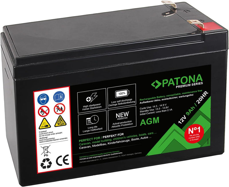 PATONA Premium AGM 12V 9Ah Blei Batterie VRLA Wartungsfrei 1800 Zyklen