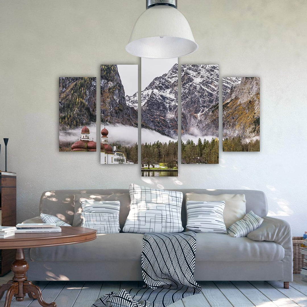 Feeby Wandbild XXL 5 Teilig Landschaft Leinwandbild Berge Kirche Wasser bunt 300x140 cm Leinwandbild
