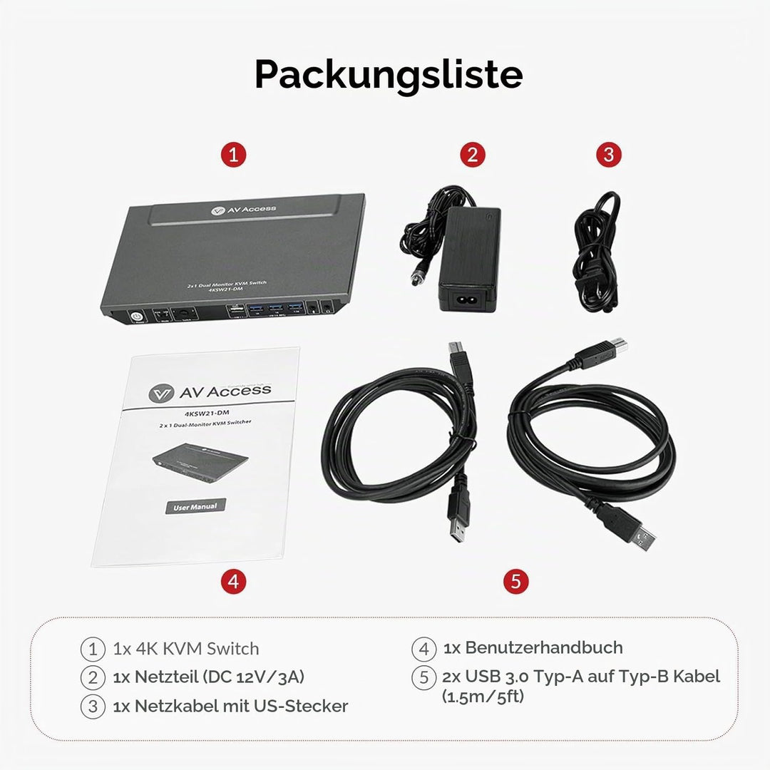 AV Access KVM Switch 2 PC 2 Monitore, 4K@60Hz, 2K@144Hz, 1080P@240Hz, 4 USB 3.0 Ports HDMI KVM Switc