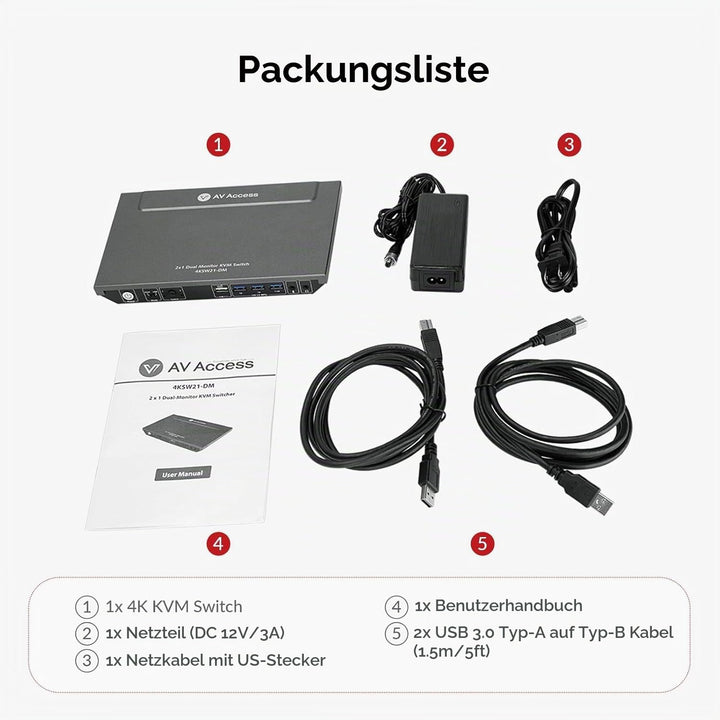 AV Access KVM Switch 2 PC 2 Monitore, 4K@60Hz, 2K@144Hz, 1080P@240Hz, 4 USB 3.0 Ports HDMI KVM Switc