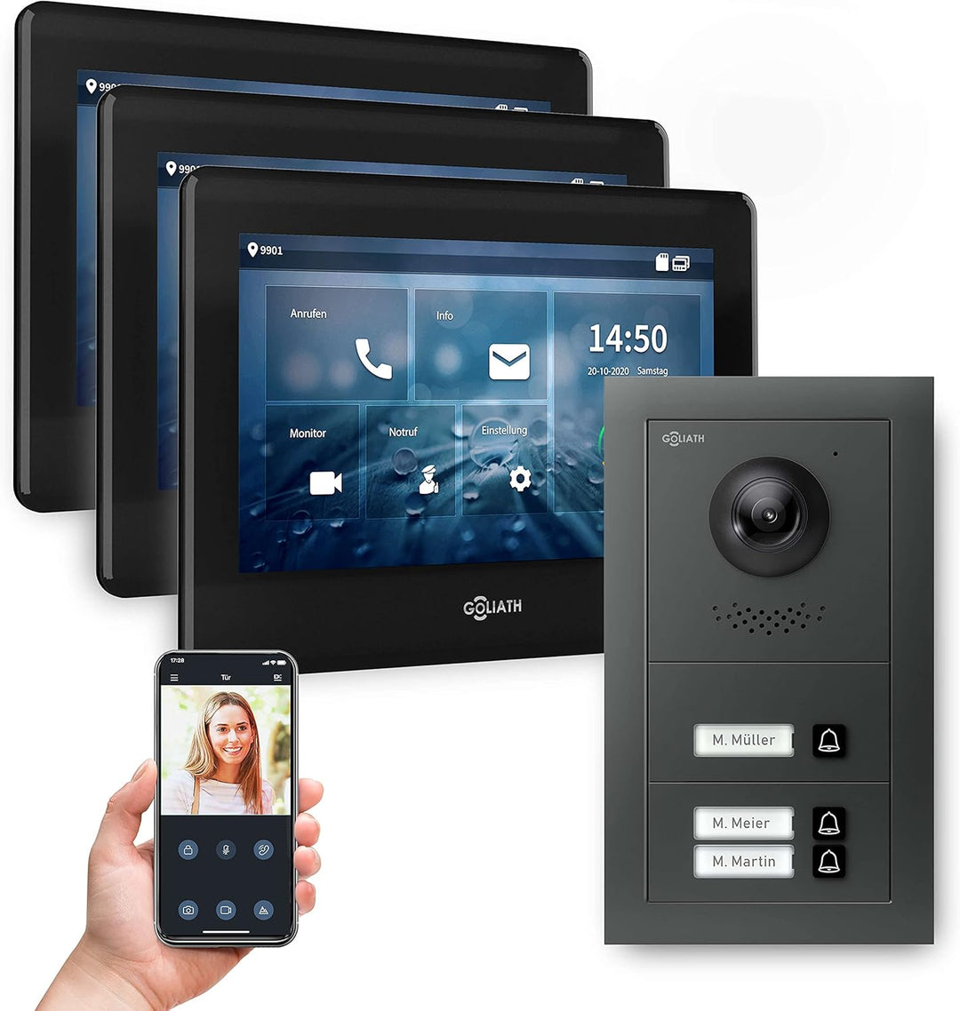 Goliath Hybrid | 2-Draht | Full-HD Video Türsprechanlage | App | 3-Fam | 3 x Full-Touchscreen 7" | A