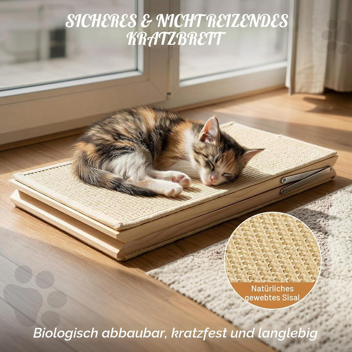 Kratzrampe für Katzen, Sisal Kratzbrett Holzrampe, Faltbares Dreieck Katzenkratzbrett mit 2 Federplü