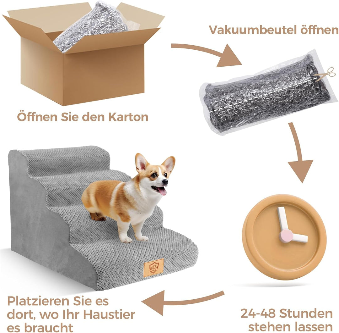 MASTERTOP Hundetreppe 4 Stufen, Hunderampe für Sofa aus Hochdichtem Schaumstoff, Haustiertreppe mit