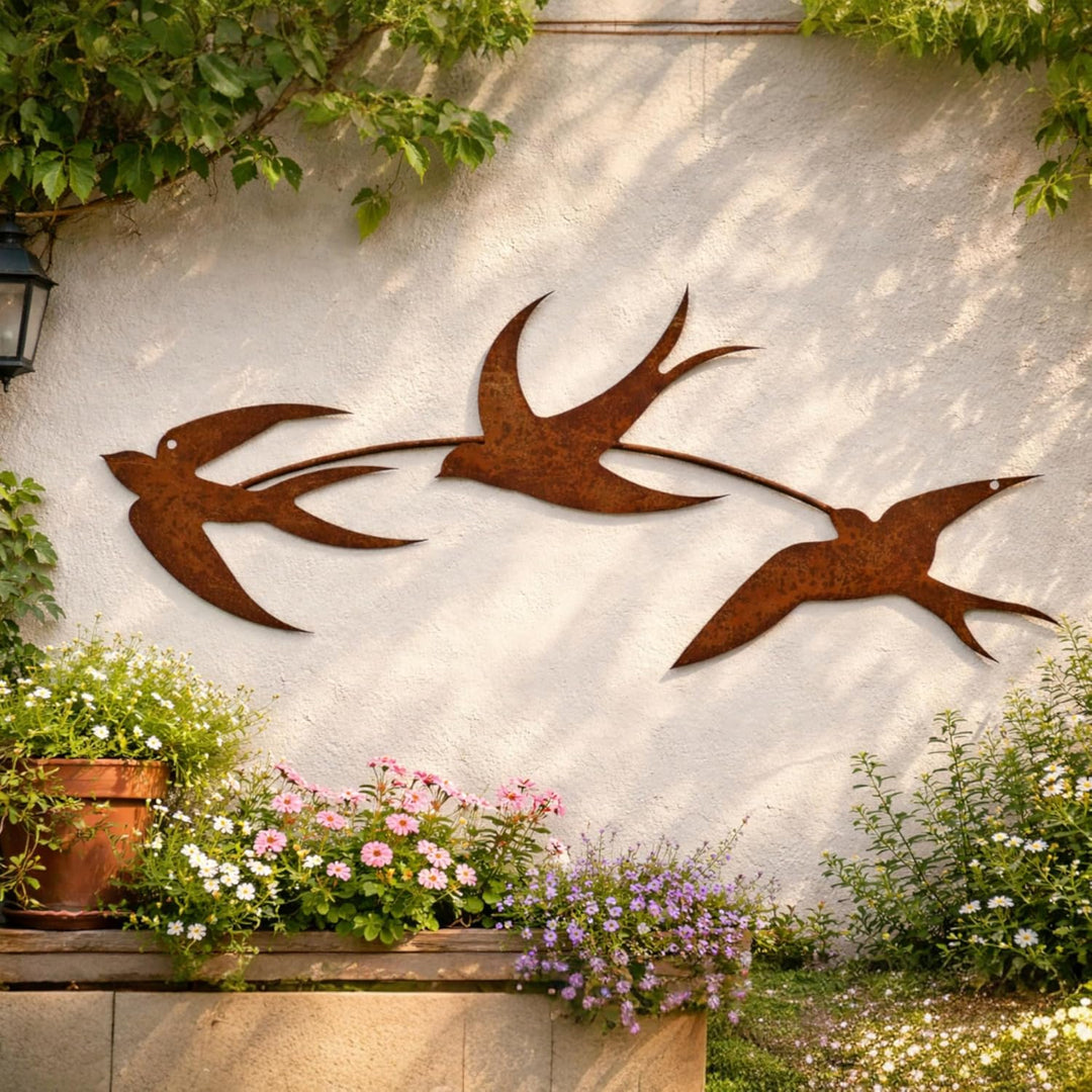 Bornhöft Gartendeko Schwalben aus Edelrost, 3er Set Wanddekoration, Fliegende Vögel zum Aufhängen, R