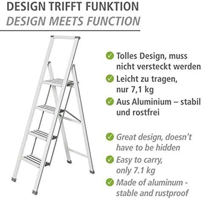 WENKO Leichte Aluminium Trittleiter mit 4 Stufen für 100 cm höheren Stand, rutschsichere XXL-Stufen,