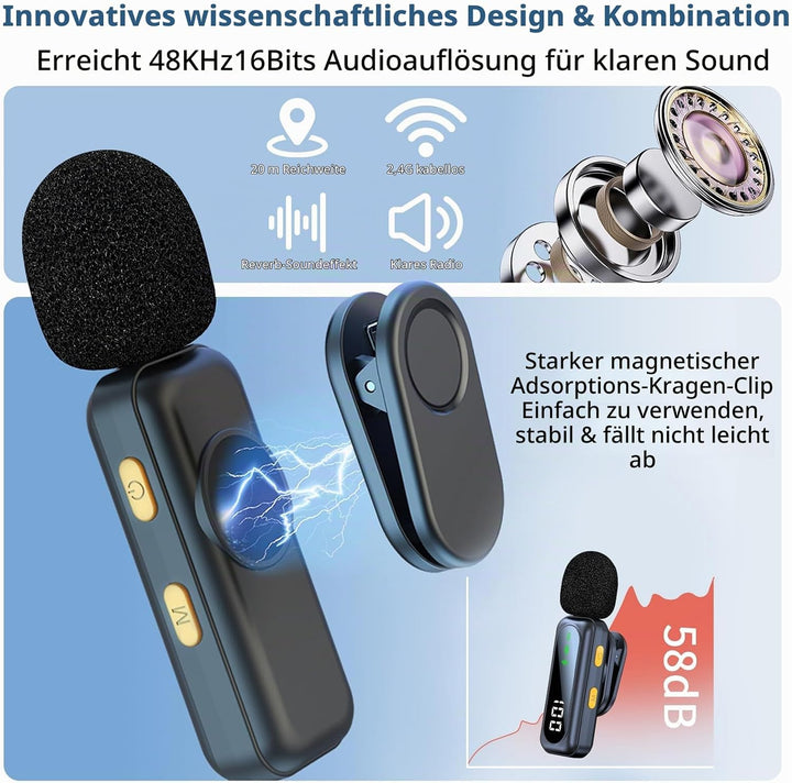 Mikrofon Handy Bluetooth Lavalier Wireless Mini, Microphone Kleines Mikro, Ansteckmikrofon Kabellos
