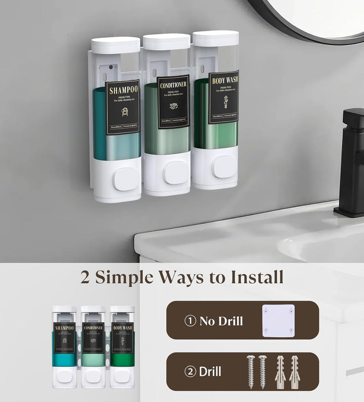 Luxspire Shampoo- und Conditioner-Spender, bohrerloser Wand-Duschseifenspender mit 3 Kammern und was