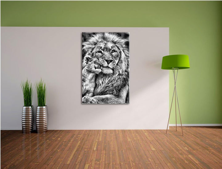 Pixxprint schöner Löwe mit Jungtier als Leinwandbild/Grösse: 100x70 / Wandbild/Kunstdruck/fertig bes